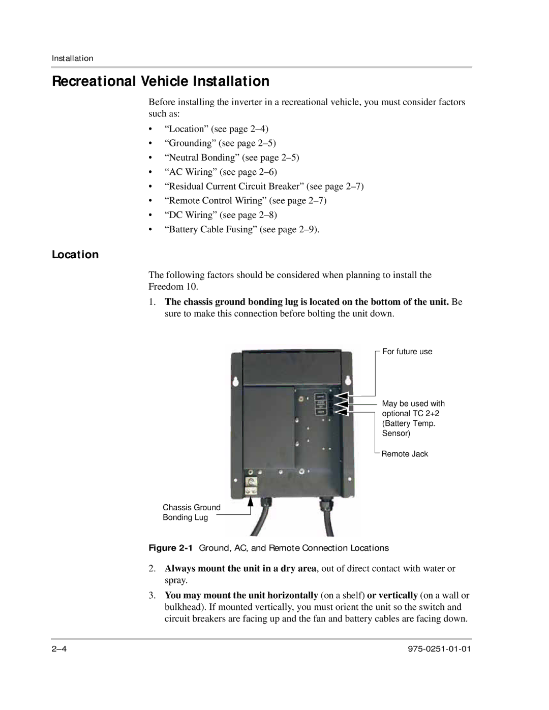 Xantrex Technology 10 owner manual Recreational Vehicle Installation, Location 