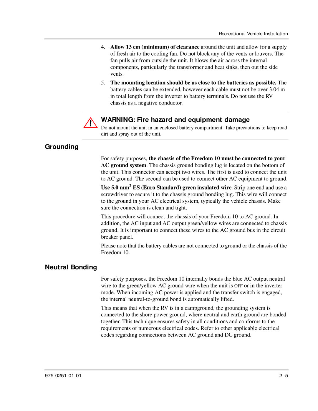 Xantrex Technology 10 owner manual Grounding, Neutral Bonding 