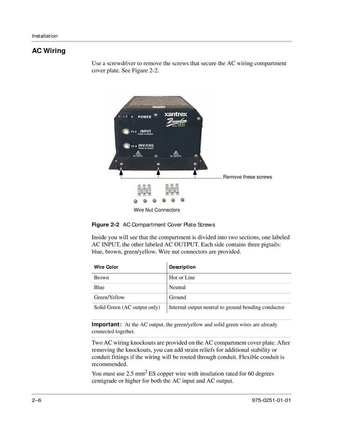 Xantrex Technology 10 owner manual AC Wiring, Wire Color Description 