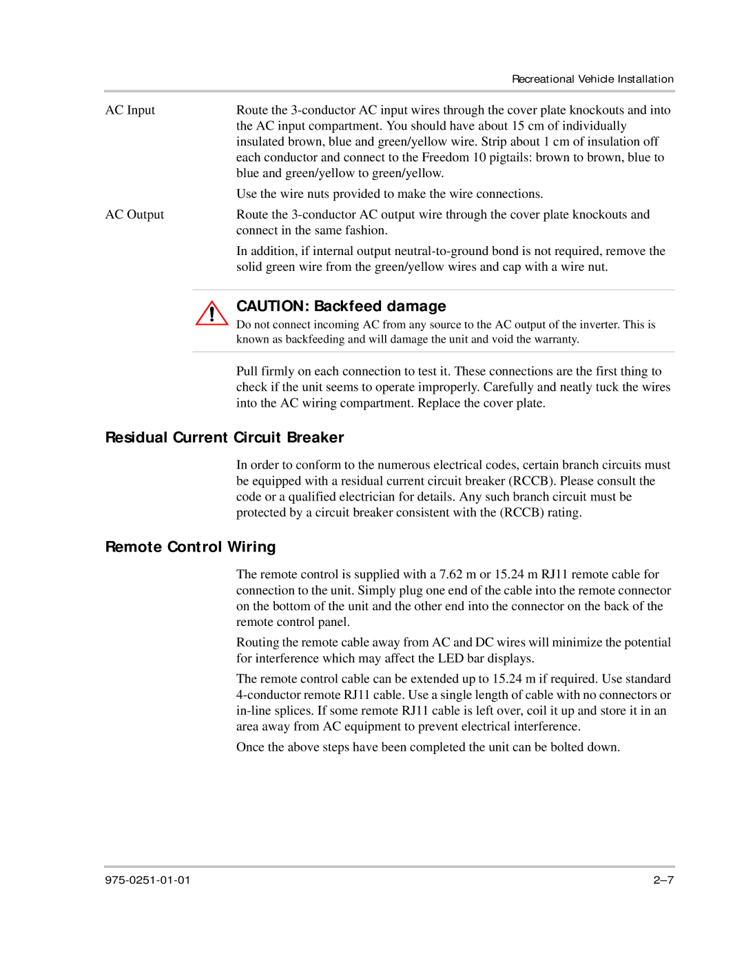 Xantrex Technology 10 owner manual Residual Current Circuit Breaker, Remote Control Wiring 