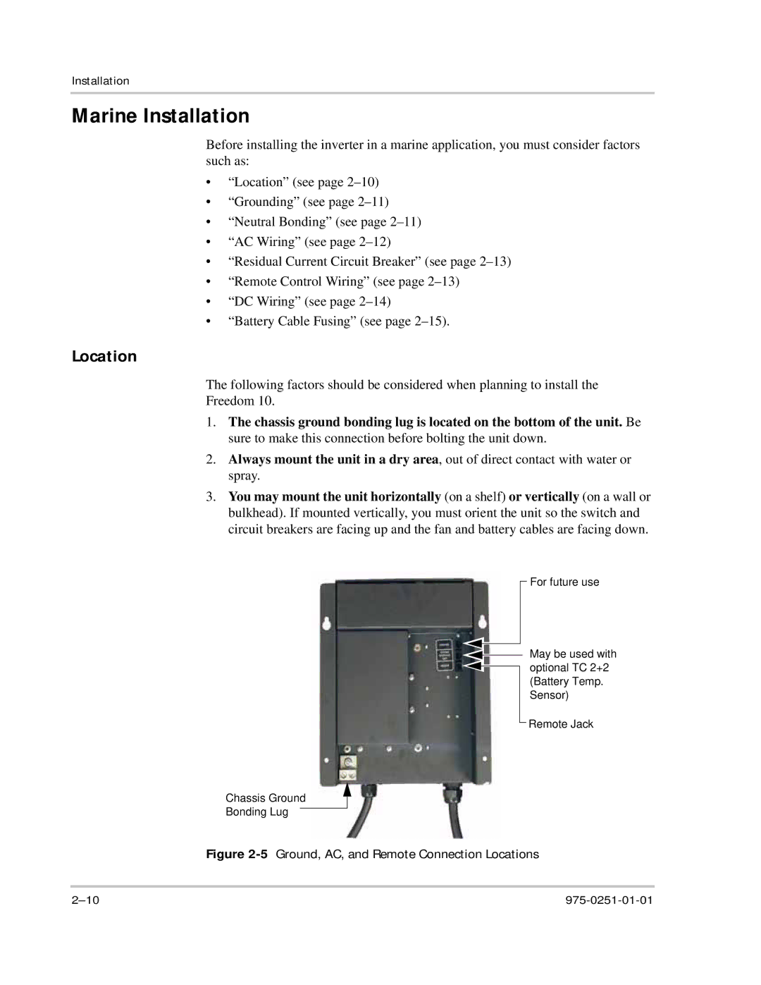 Xantrex Technology 10 owner manual Marine Installation, 5Ground, AC, and Remote Connection Locations 