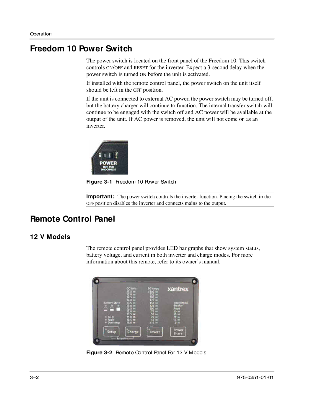 Xantrex Technology owner manual Freedom 10 Power Switch, Remote Control Panel, Models 