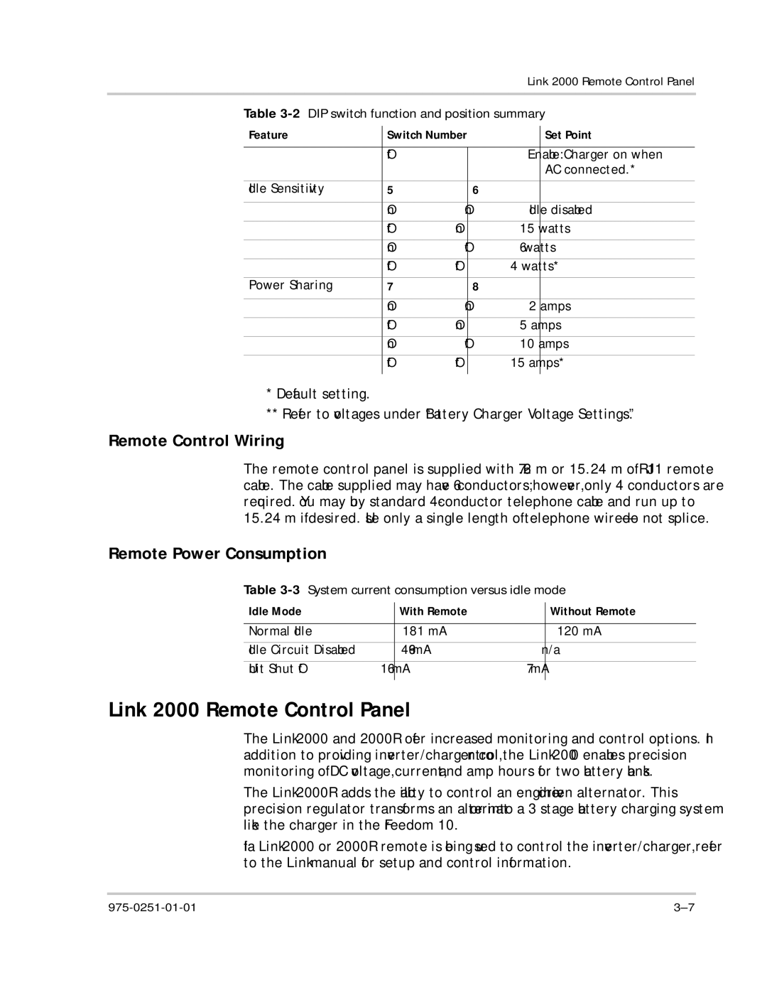 Xantrex Technology 10 owner manual Link 2000 Remote Control Panel, Remote Power Consumption 