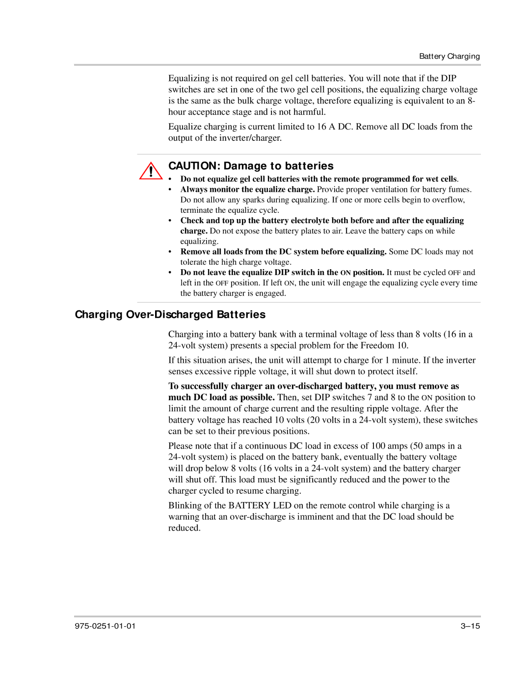 Xantrex Technology 10 owner manual Charging Over-Discharged Batteries 