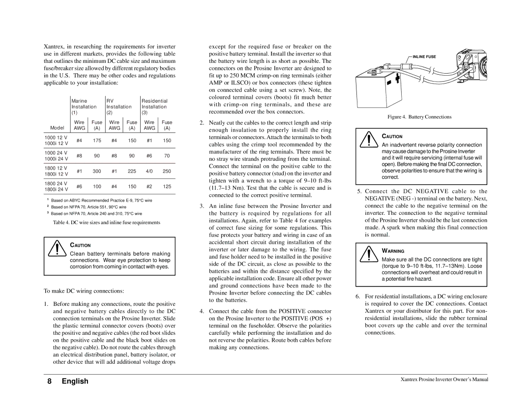 Xantrex Technology 1000i, 1800i owner manual Battery Connections 