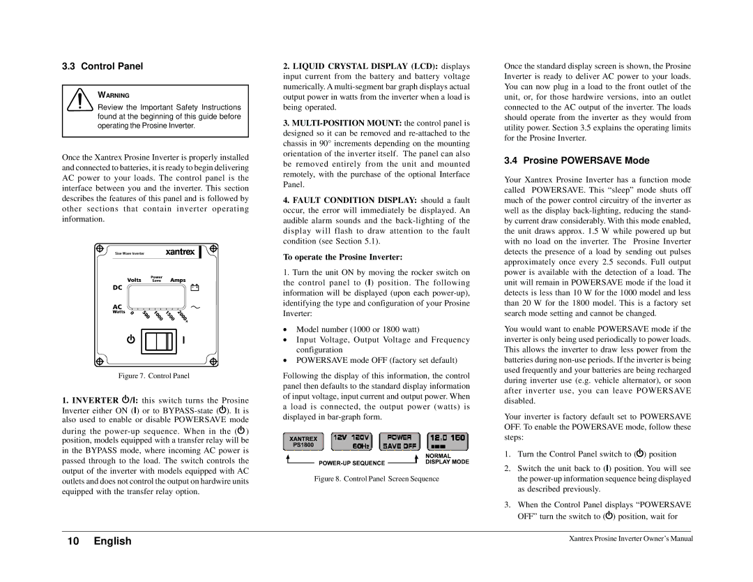 Xantrex Technology 1800i, 1000i owner manual Control Panel, Prosine Powersave Mode 