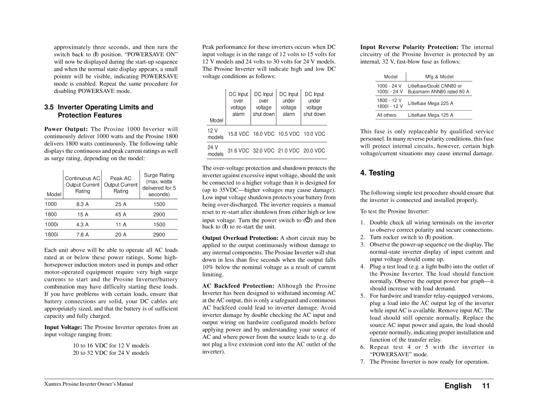 Xantrex Technology 1000i, 1800i owner manual Testing, Inverter Operating Limits and Protection Features 