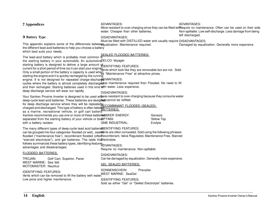 Xantrex Technology 1800i, 1000i owner manual Appendices, Battery Type 