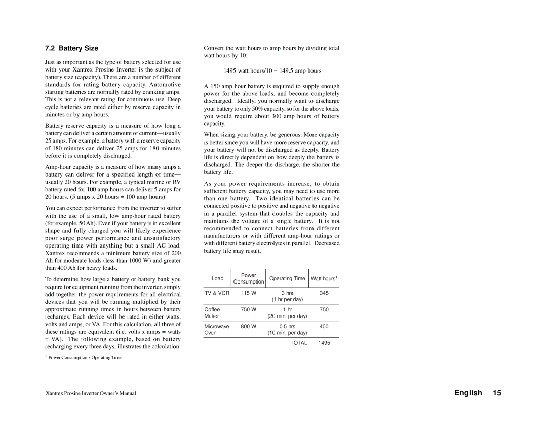 Xantrex Technology 1000i, 1800i owner manual Battery Size 