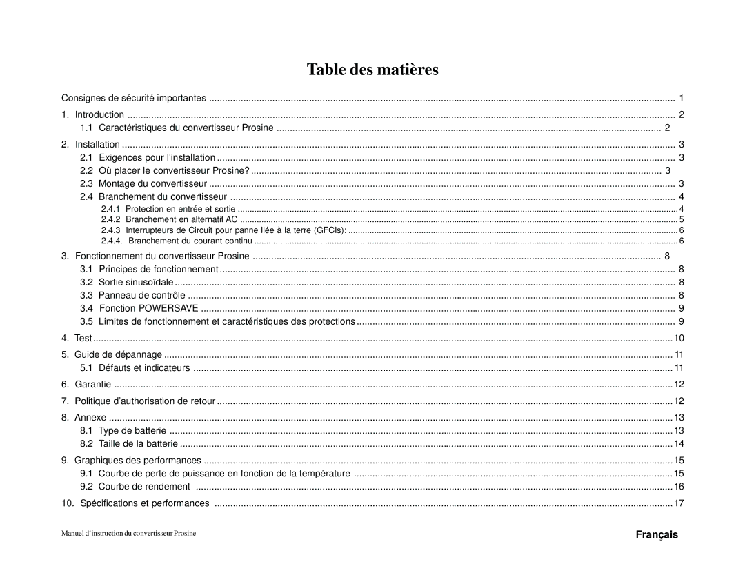 Xantrex Technology 1000i, 1800i owner manual Table des matières, Français 