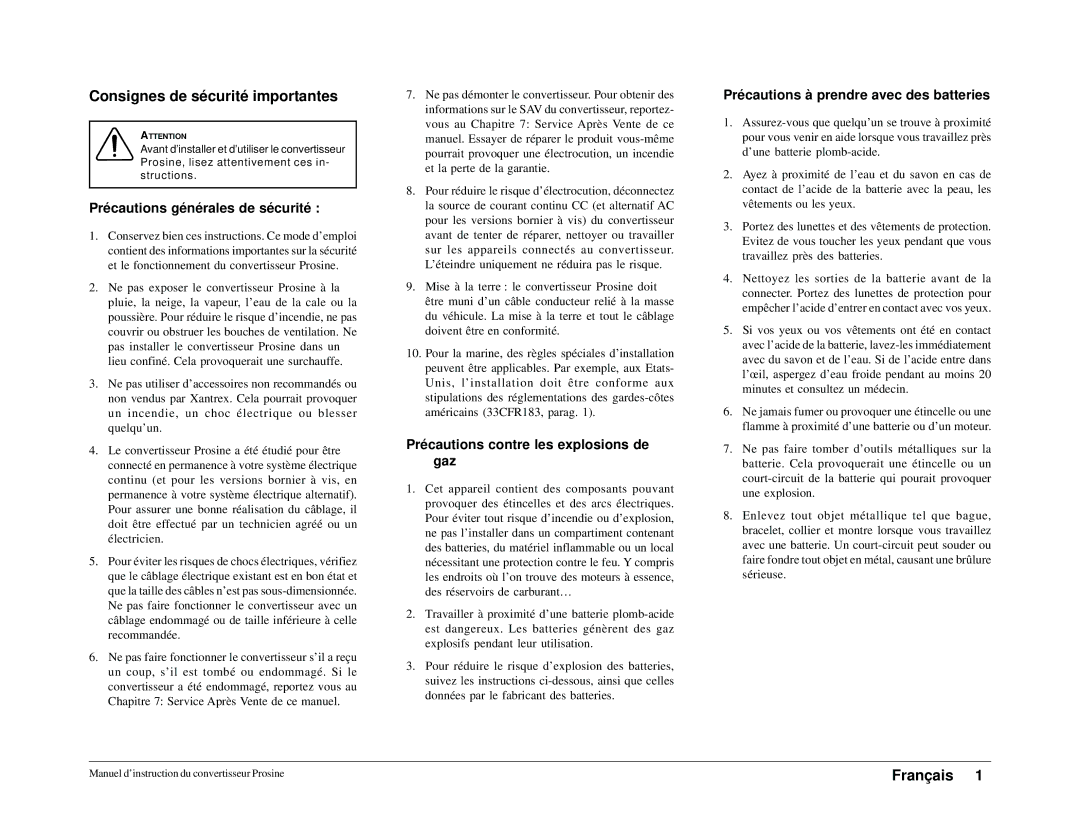 Xantrex Technology 1000i, 1800i owner manual Consignes de sécurité importantes, Précautions générales de sécurité 