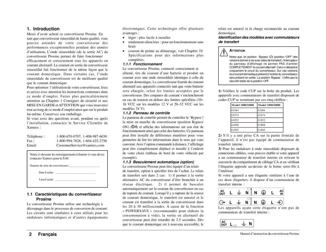 Xantrex Technology 1000i, 1800i Caractéristiques du convertisseur Prosine, Fonctionnement, Panneau de contrôle 