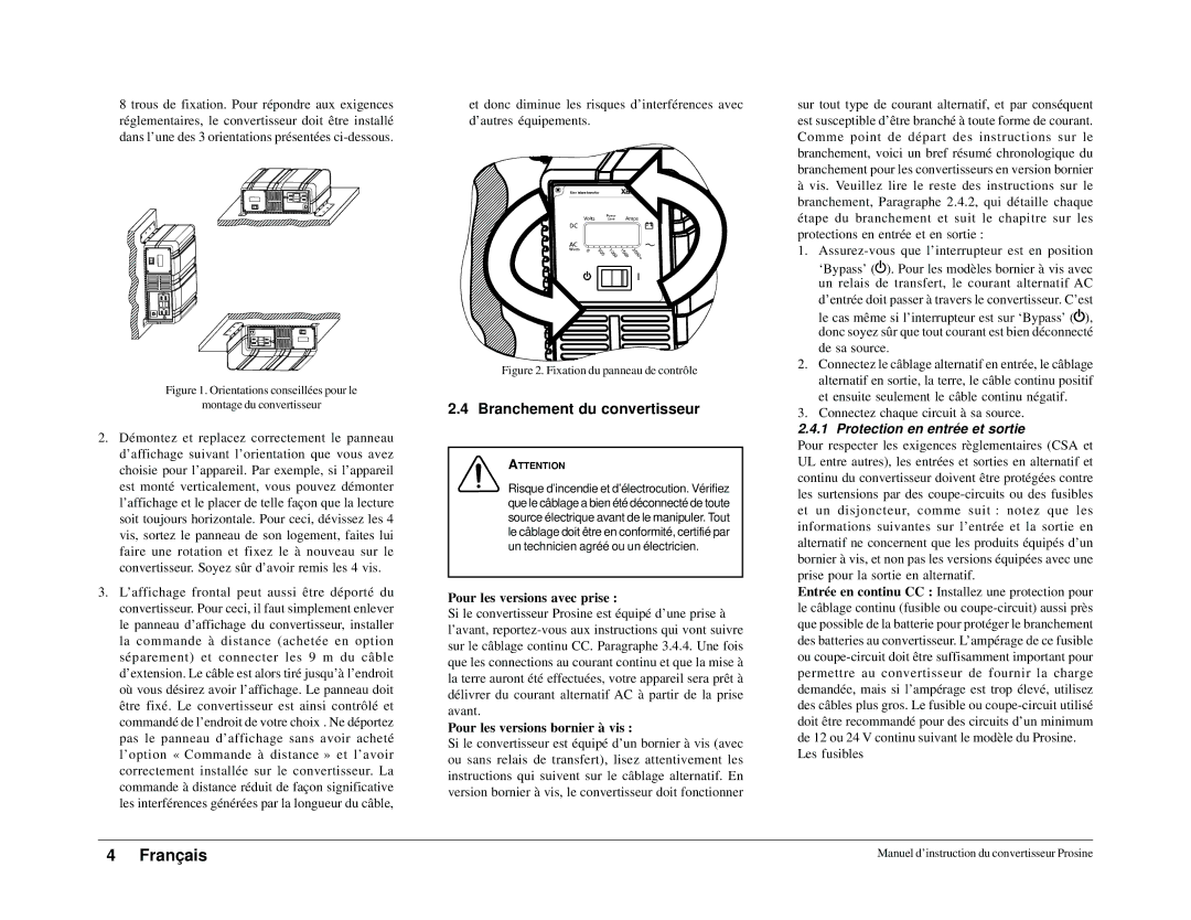 Xantrex Technology 1800i, 1000 Branchement du convertisseur, Pour les versions avec prise, Pour les versions bornier à vis 