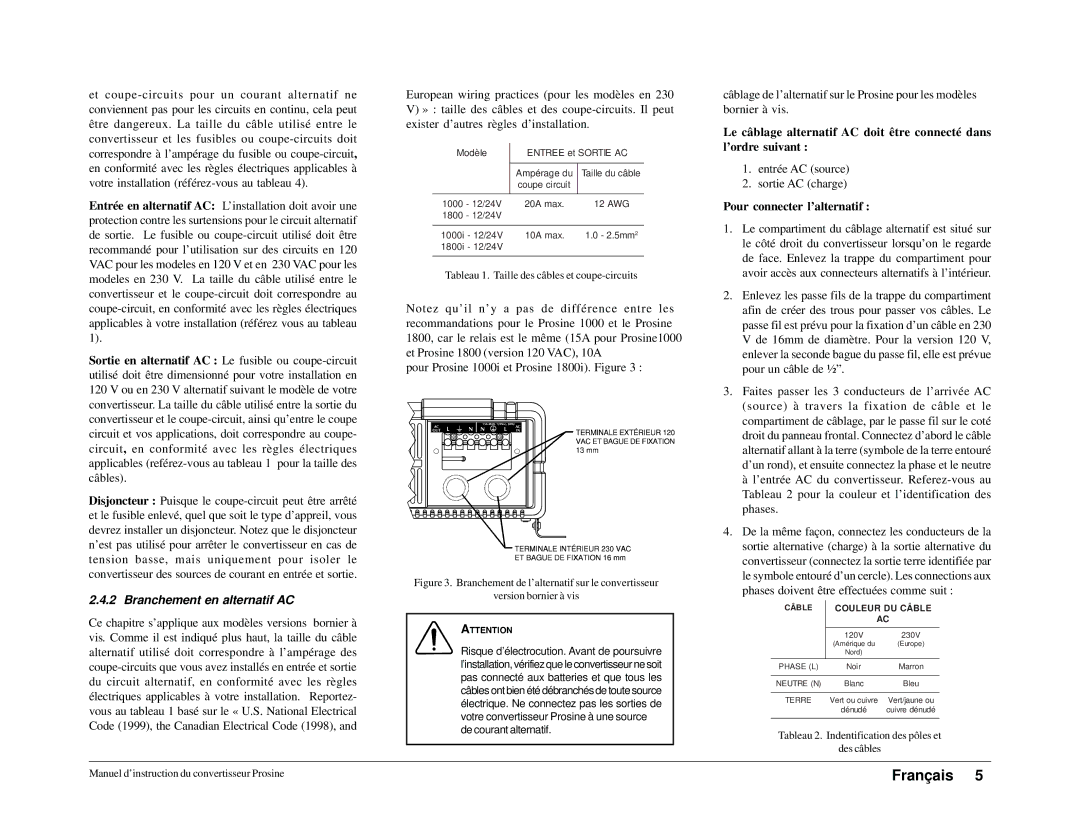 Xantrex Technology 1000i, 1800i owner manual Branchement en alternatif AC, Pour connecter l’alternatif 