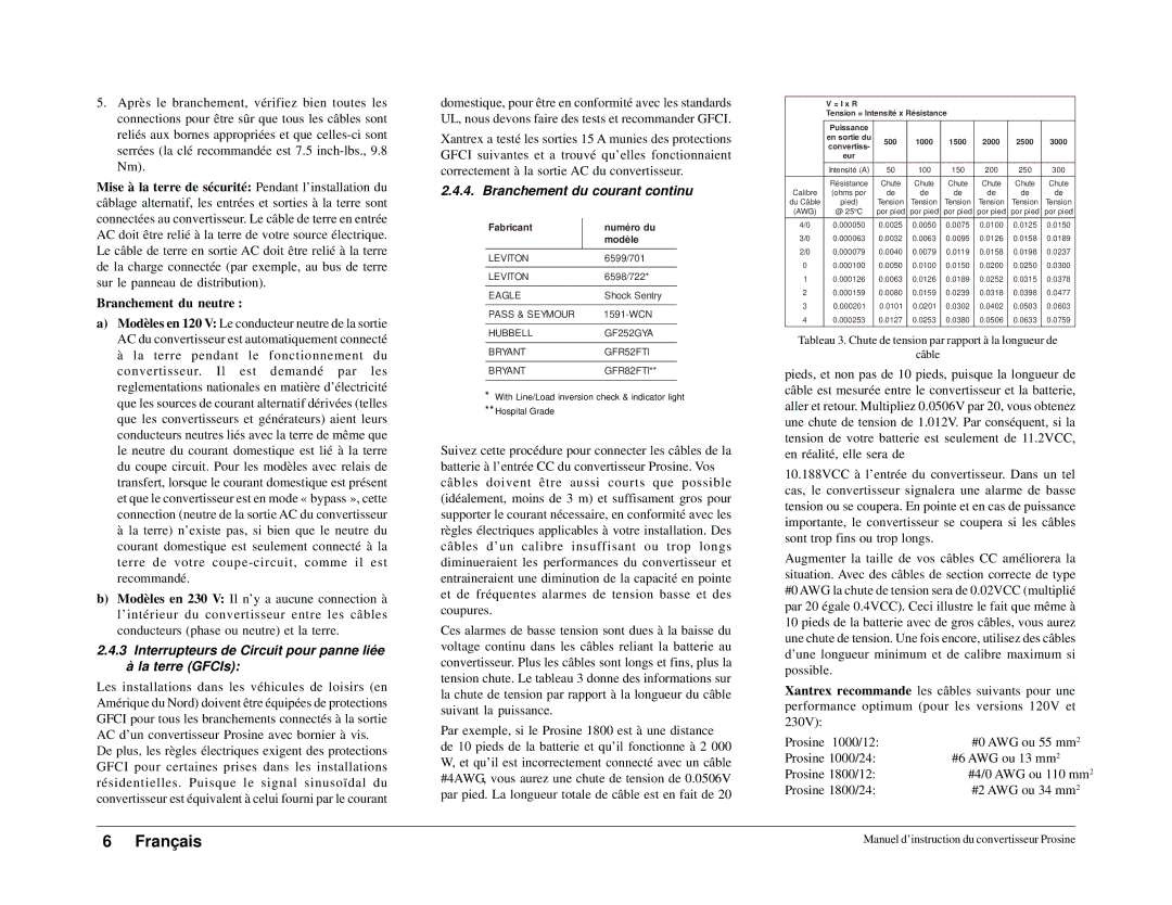 Xantrex Technology 1000i, 1800i Interrupteurs de Circuit pour panne liée La terre GFCIs, Branchement du courant continu 