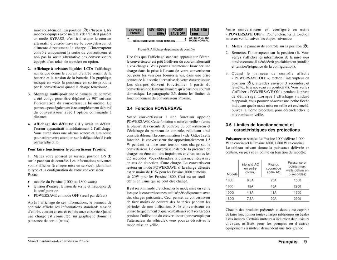 Xantrex Technology 1000i, 1800i owner manual Fonction Powersave, Pour faire fonctionner le convertisseur Prosine 