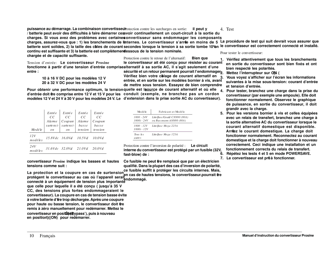 Xantrex Technology 1000i, 1800i owner manual Test, Pour tester le convertisseur, Modéle Fabricant et Modéle 