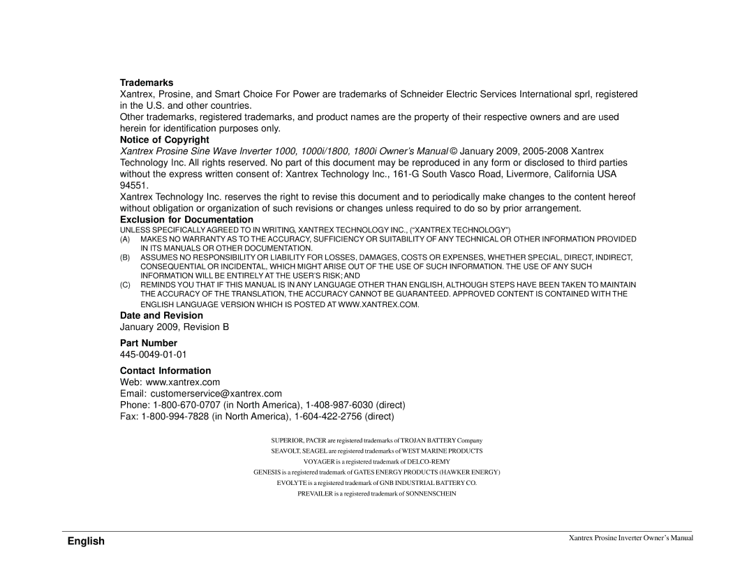 Xantrex Technology 1000i, 1800i owner manual Trademarks, Exclusion for Documentation, Date and Revision, Part Number 