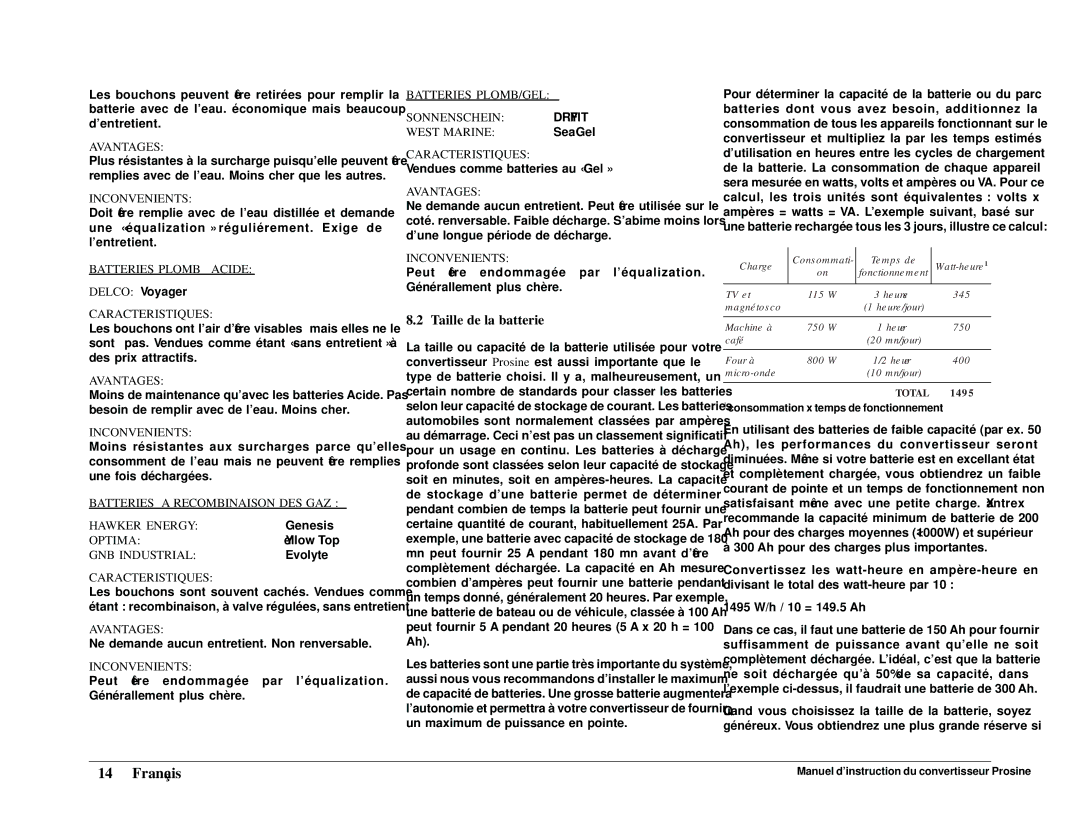 Xantrex Technology 1000i, 1800i owner manual Taille de la batterie, Delco Voyager, SeaGel 