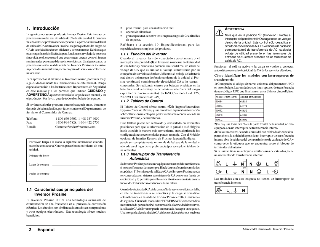 Xantrex Technology 1000i, 1800i Introducción, Características principales del Inversor Prosine, Función del Inversor 