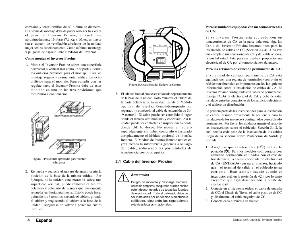 Xantrex Technology 1800i, 1000i owner manual Cable del Inversor Prosine, Como montar el Inversor Prosine 