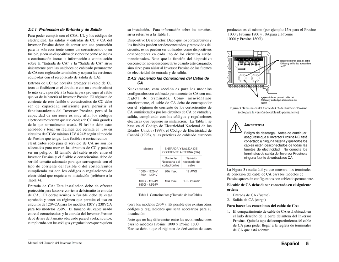 Xantrex Technology 1000i, 1800i owner manual Protección de Entrada y de Salida, Haciendo las Conexiones del Cable de 