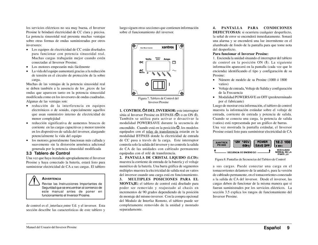 Xantrex Technology 1000i, 1800i owner manual Figura 7. Tablero de Control del Inversor Prosine 