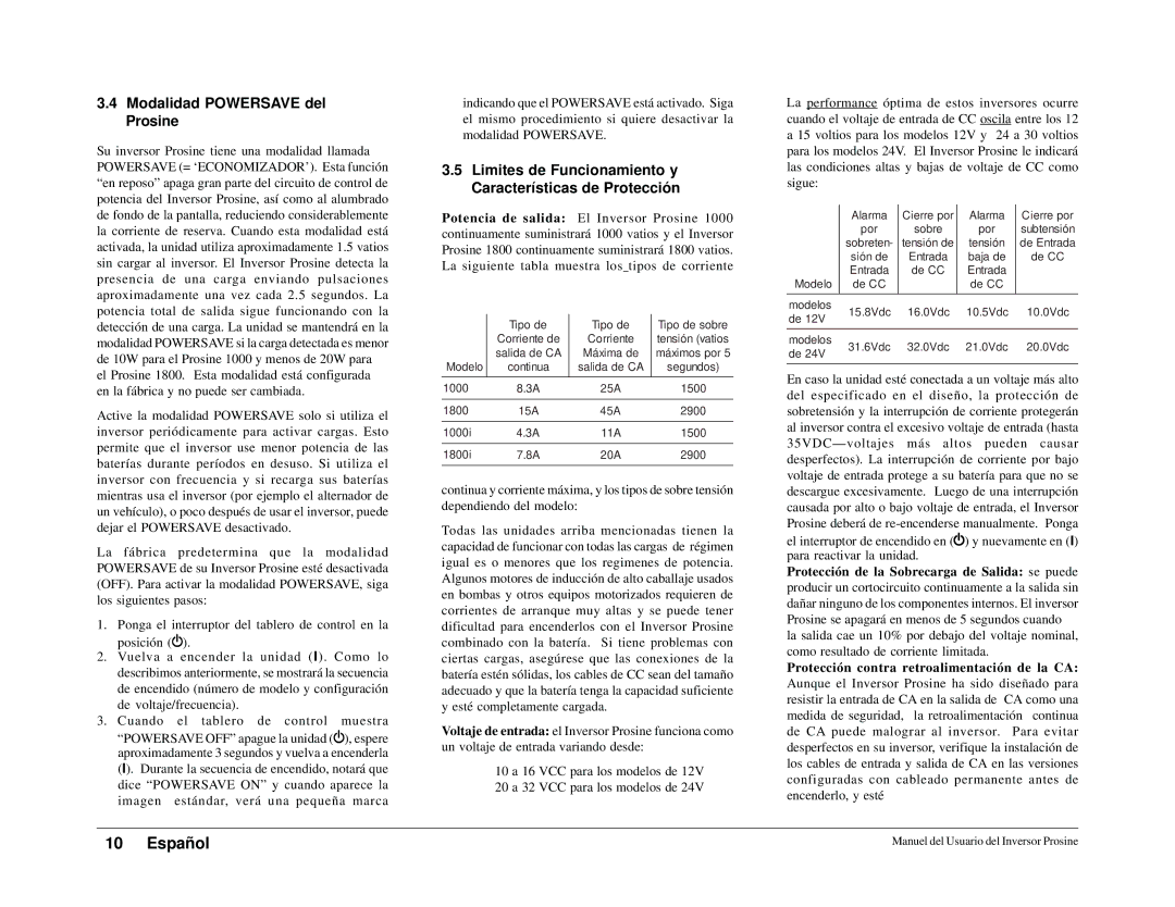 Xantrex Technology 1000i Modalidad Powersave del Prosine, Limites de Funcionamiento y Características de Protección 