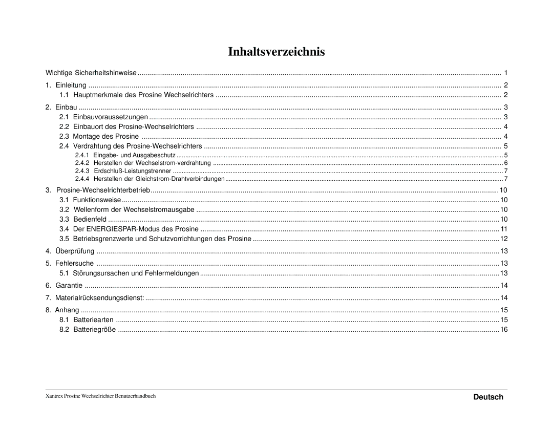 Xantrex Technology 1000i, 1800i owner manual Inhaltsverzeichnis 