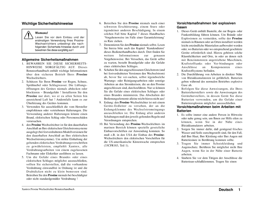 Xantrex Technology 1000i, 1800i owner manual Wichtige Sicherheitshinweise, Allgemeine Sicherheitsmaßnahmen 