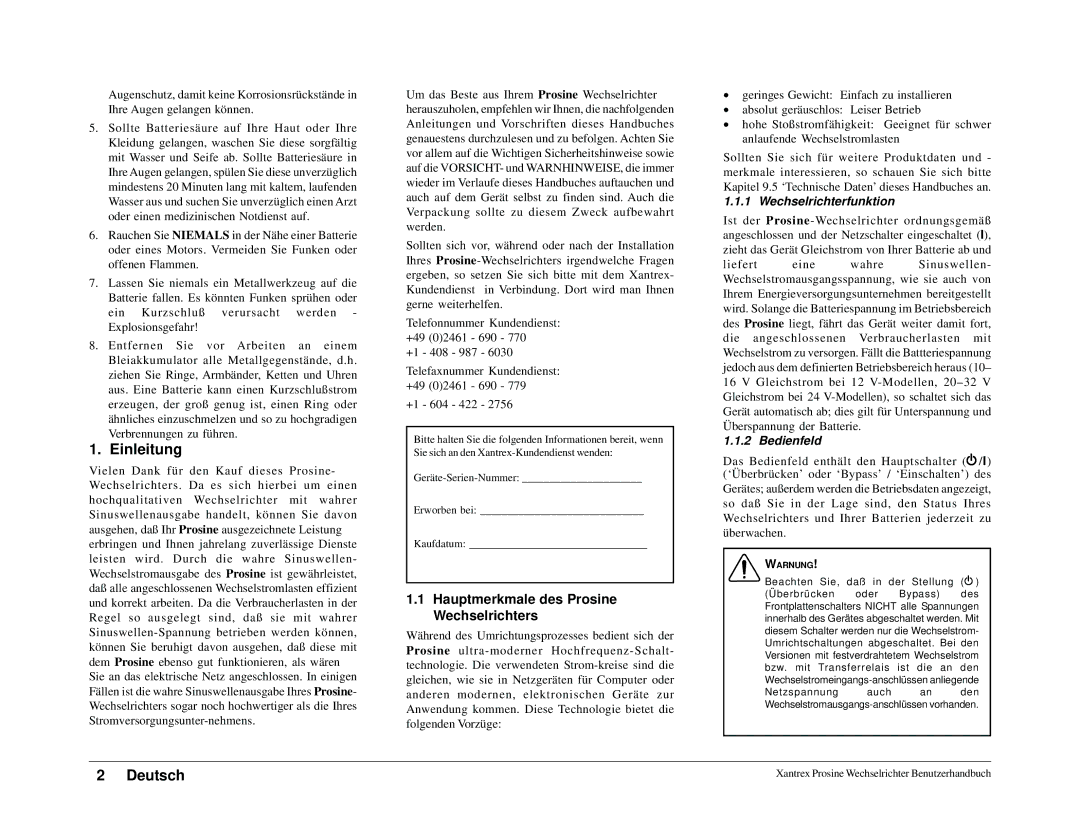 Xantrex Technology 1000i Einleitung, Hauptmerkmale des Prosine Wechselrichters, Wechselrichterfunktion, Bedienfeld 