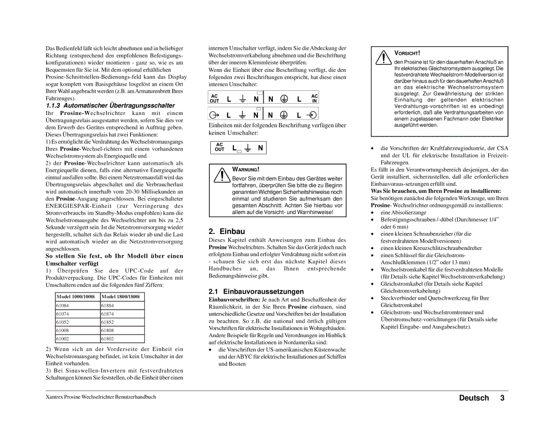 Xantrex Technology 1000i, 1800i owner manual Einbauvoraussetzungen, Automatischer Übertragungsschalter 