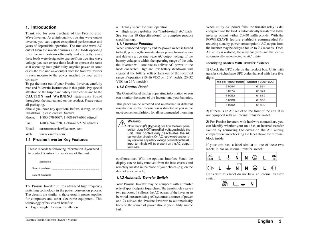 Xantrex Technology 1000i, 1800i Introduction, Prosine Inverter Key Features, Inverter Function, Control Panel 