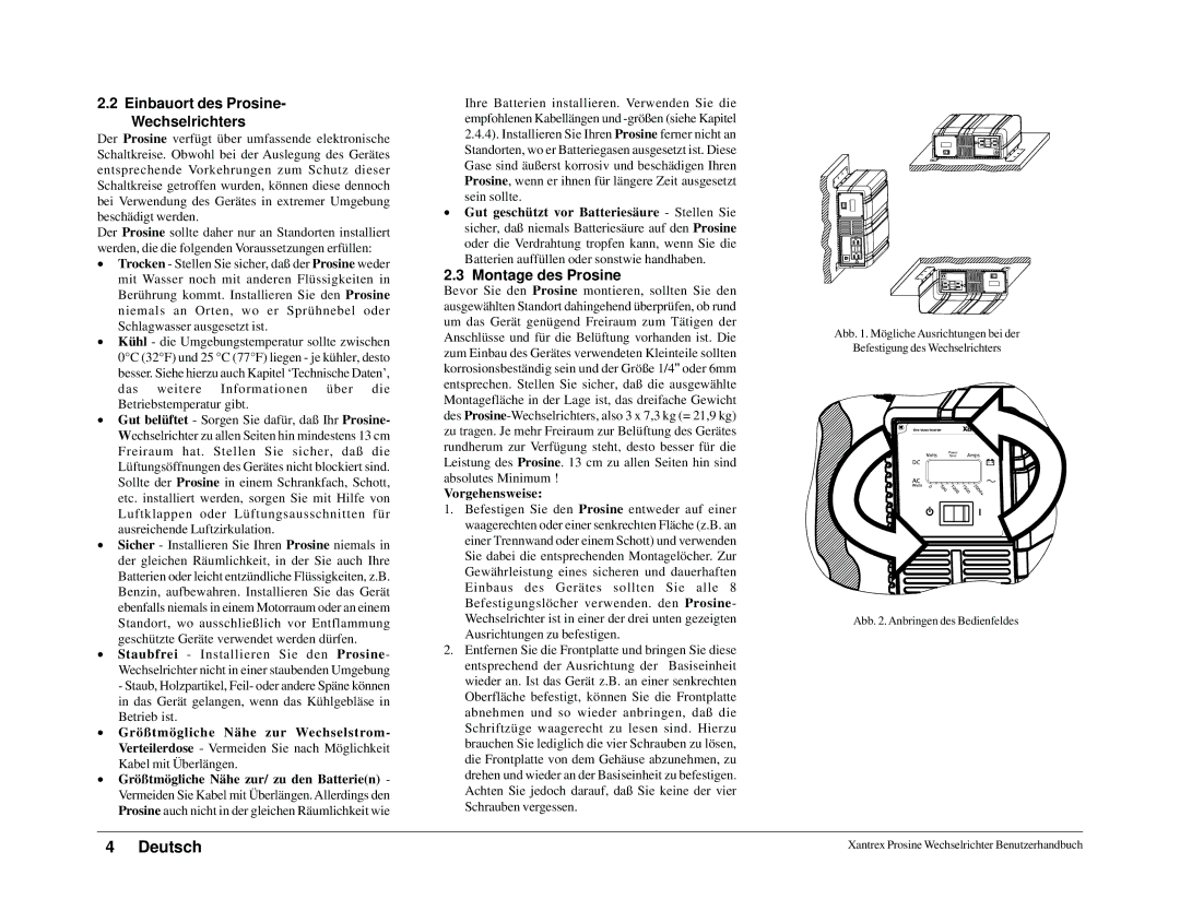 Xantrex Technology 1800i, 1000i owner manual Einbauort des Prosine- Wechselrichters, Montage des Prosine, Vorgehensweise 