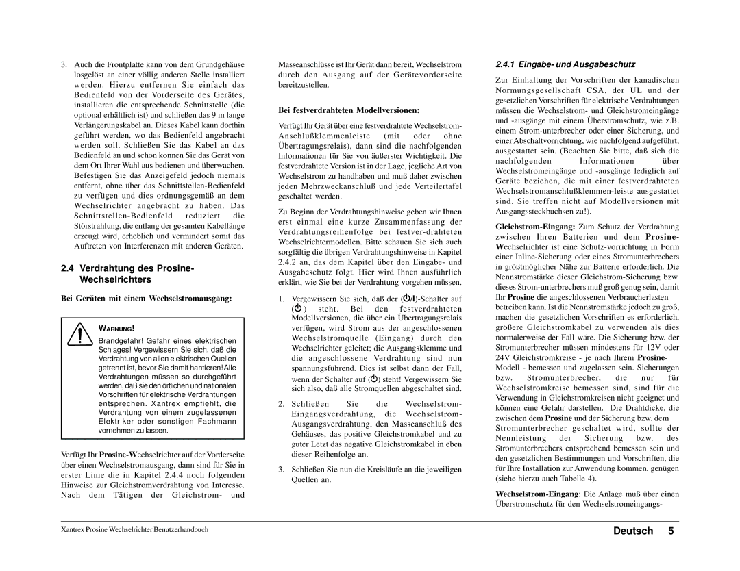 Xantrex Technology 1800, 1000i Verdrahtung des Prosine- Wechselrichters, Bei Geräten mit einem Wechselstromausgang 