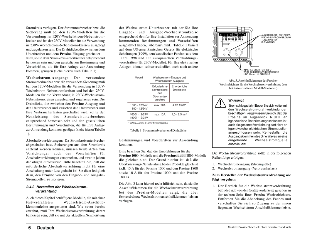 Xantrex Technology 1000i, 1800i owner manual Herstellen der Wechselstrom- verdrahtung 