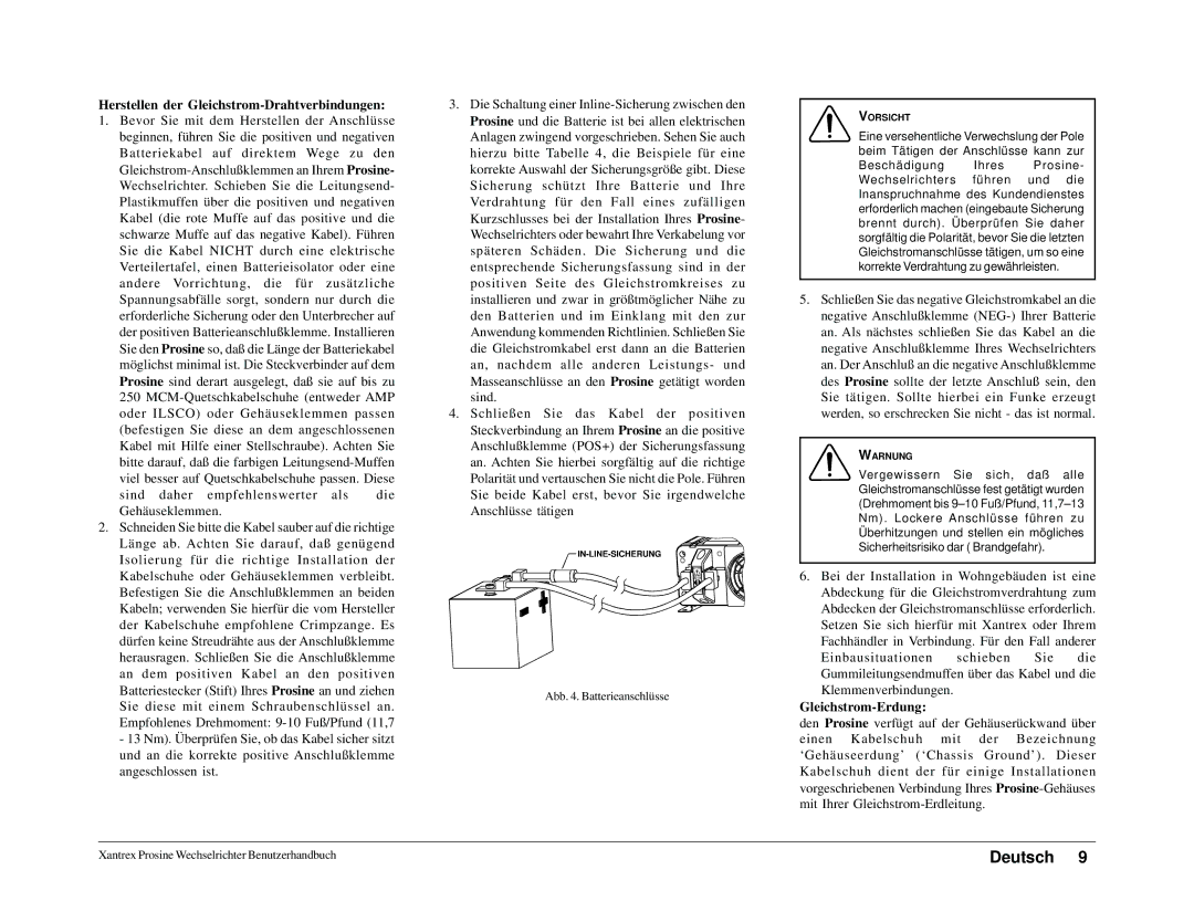 Xantrex Technology 1000i, 1800i owner manual Herstellen der Gleichstrom-Drahtverbindungen, Gleichstrom-Erdung 