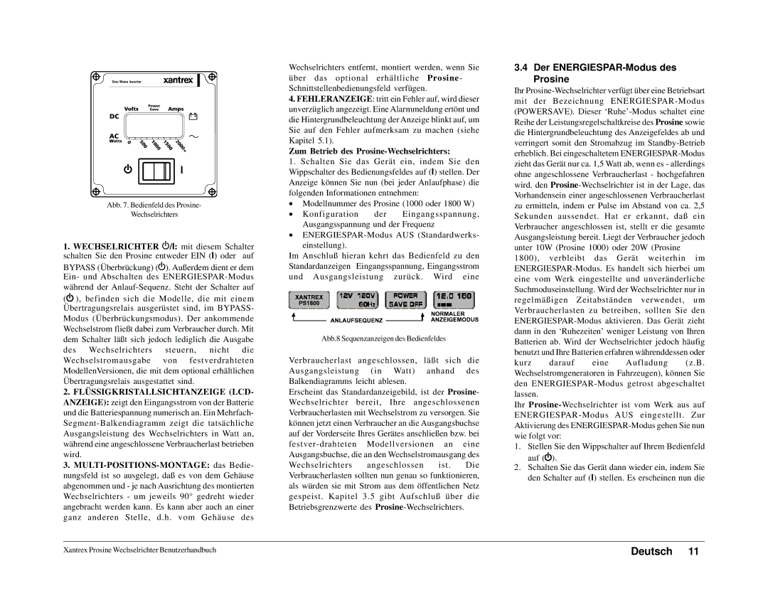 Xantrex Technology 1000i, 1800i owner manual Der ENERGIESPAR-Modus des Prosine, Zum Betrieb des Prosine-Wechselrichters 