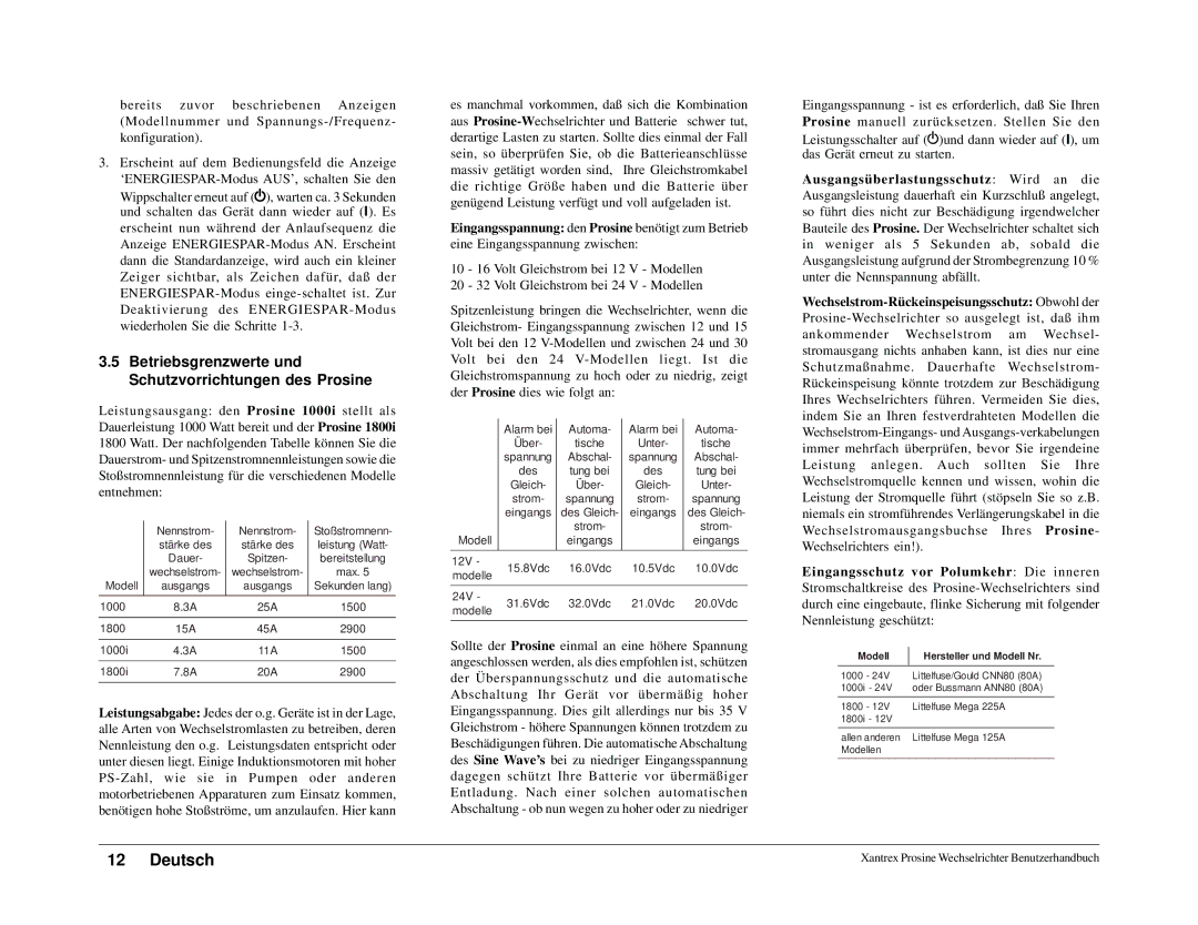 Xantrex Technology 1800i, 1000 Betriebsgrenzwerte und Schutzvorrichtungen des Prosine, Modell Hersteller und Modell Nr 