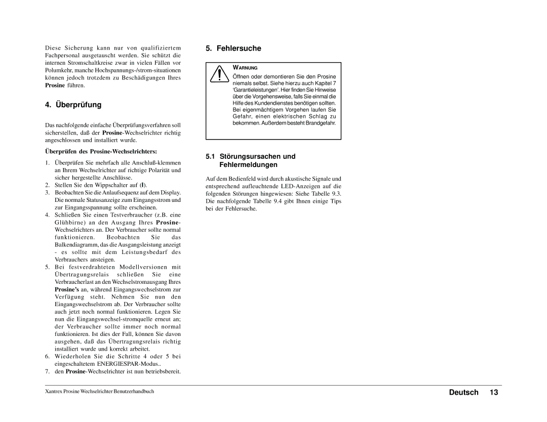 Xantrex Technology 1000i, 1800i owner manual Überprüfung, Fehlersuche, Störungsursachen und Fehlermeldungen 