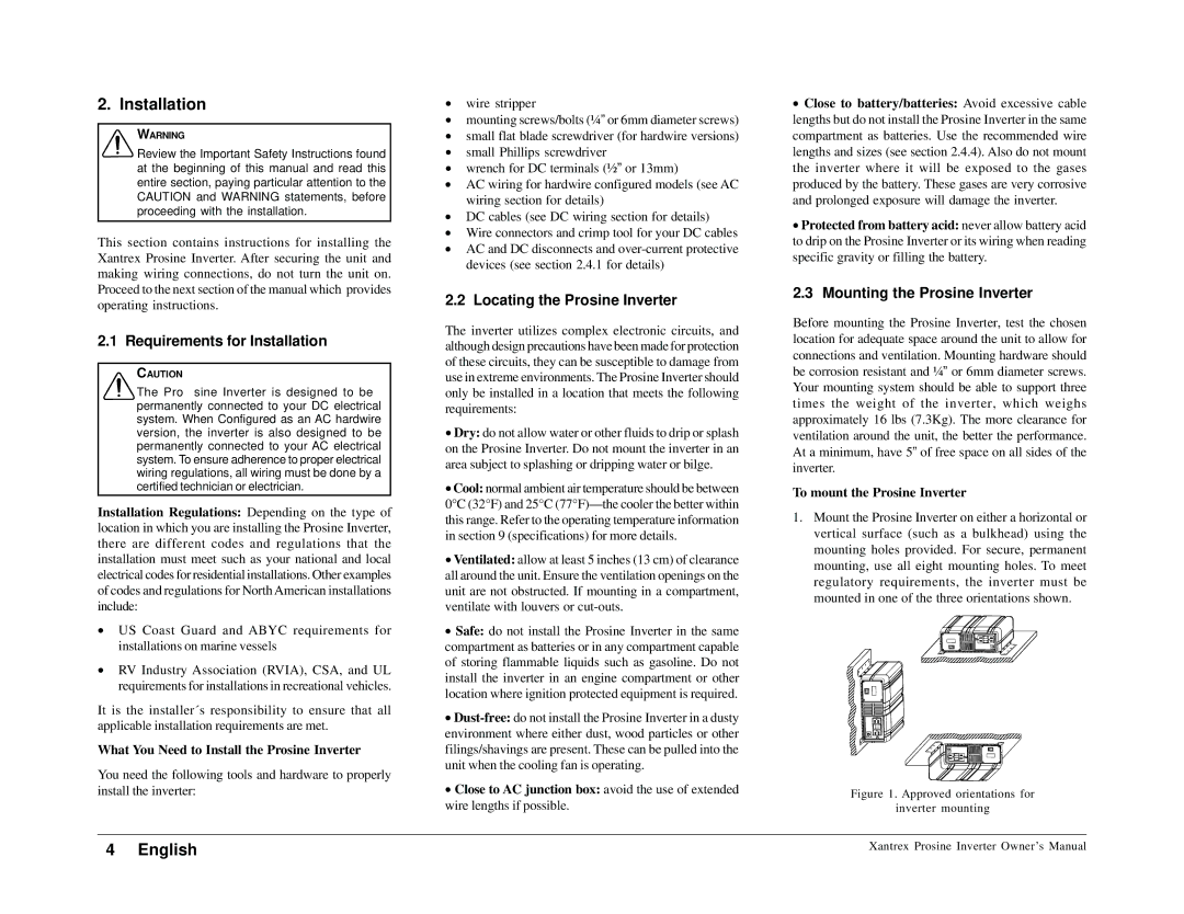 Xantrex Technology 1000 Requirements for Installation, Locating the Prosine Inverter, Mounting the Prosine Inverter 