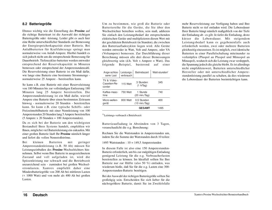 Xantrex Technology 1800i, 1000i owner manual Batteriegröße 