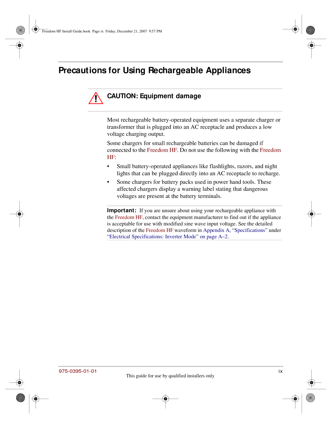 Xantrex Technology 1800, 1000 manual Precautions for Using Rechargeable Appliances 