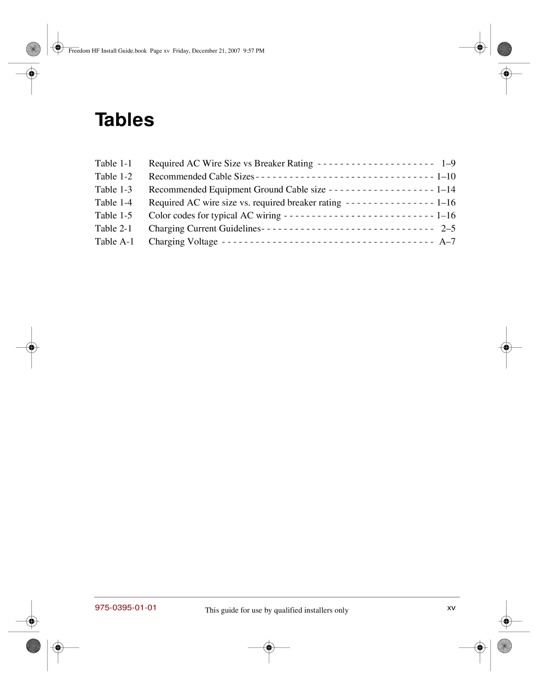 Xantrex Technology 1800, 1000 manual Tables, Recommended Equipment Ground Cable size, Table A-1 