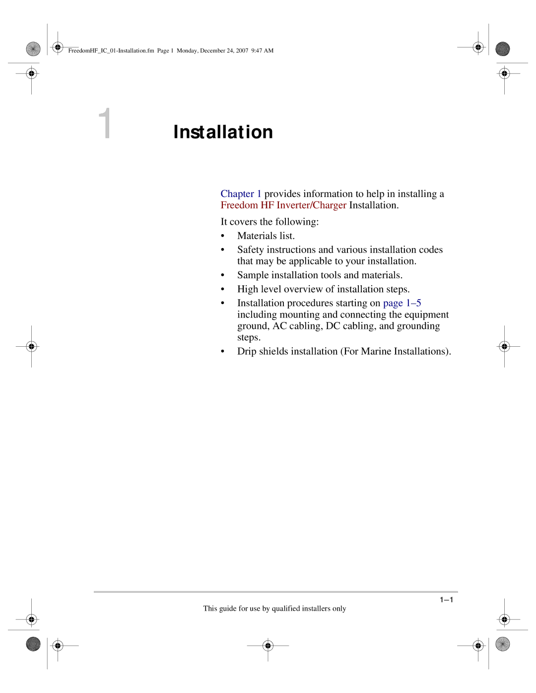 Xantrex Technology 1800, 1000 manual Freedom HF Inverter/Charger Installation 