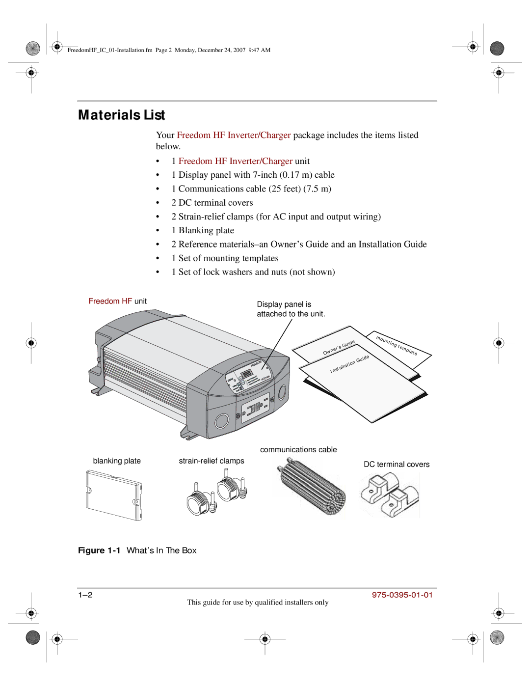 Xantrex Technology 1000, 1800 manual Materials List, Freedom HF Inverter/Charger unit 