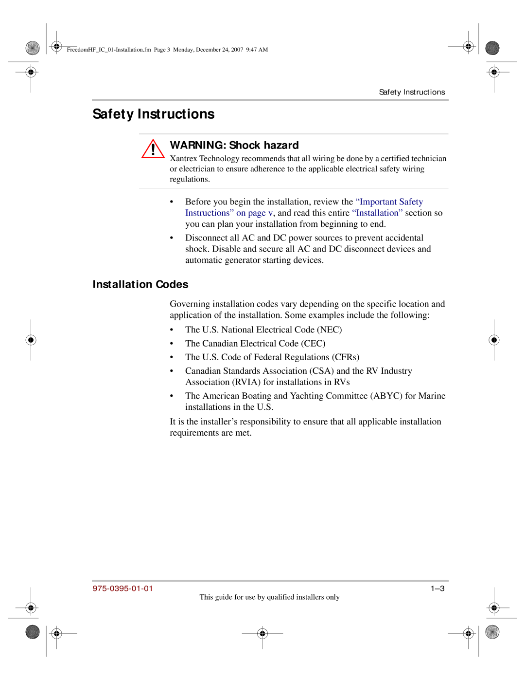 Xantrex Technology 1800, 1000 manual Safety Instructions, Installation Codes 