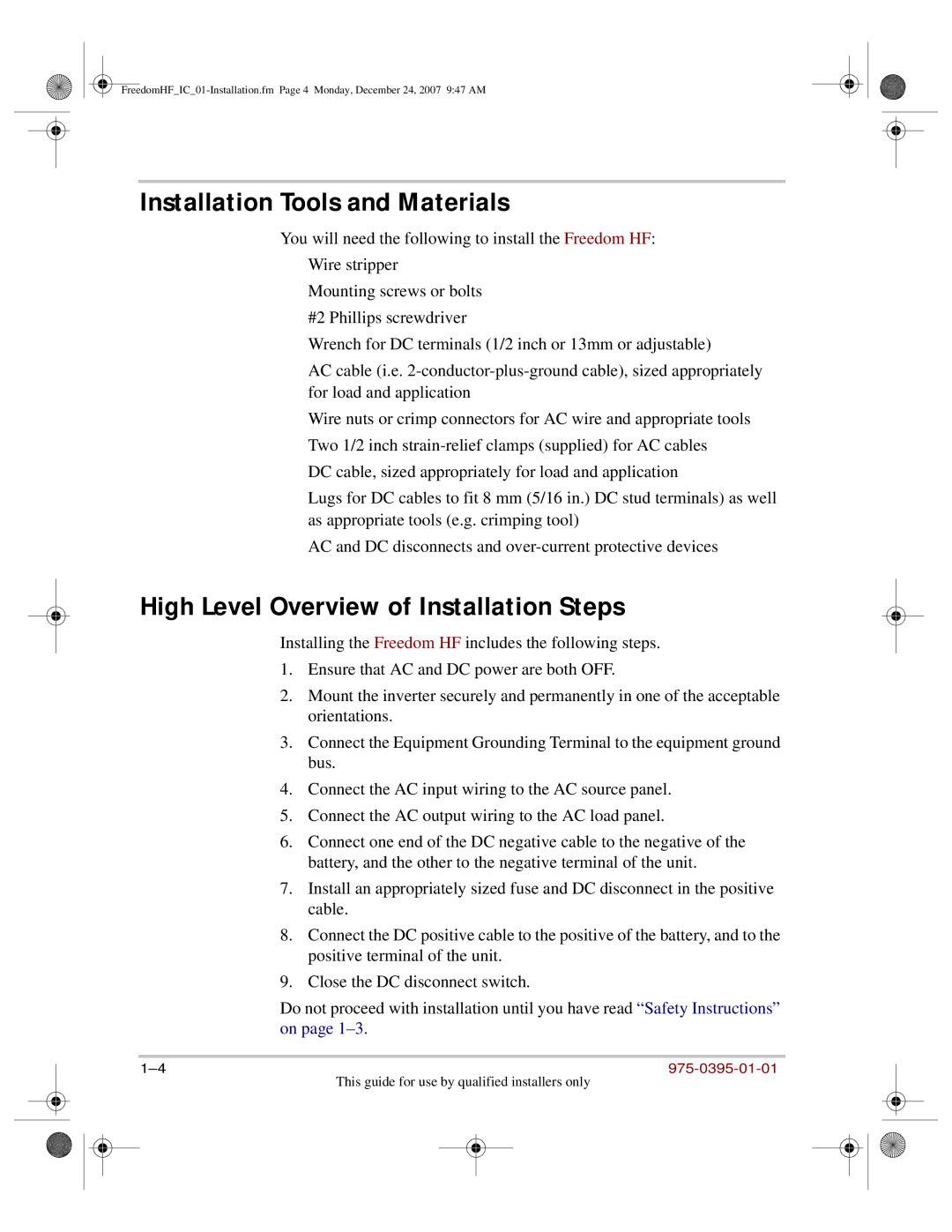 Xantrex Technology 1000, 1800 manual Installation Tools and Materials, High Level Overview of Installation Steps 