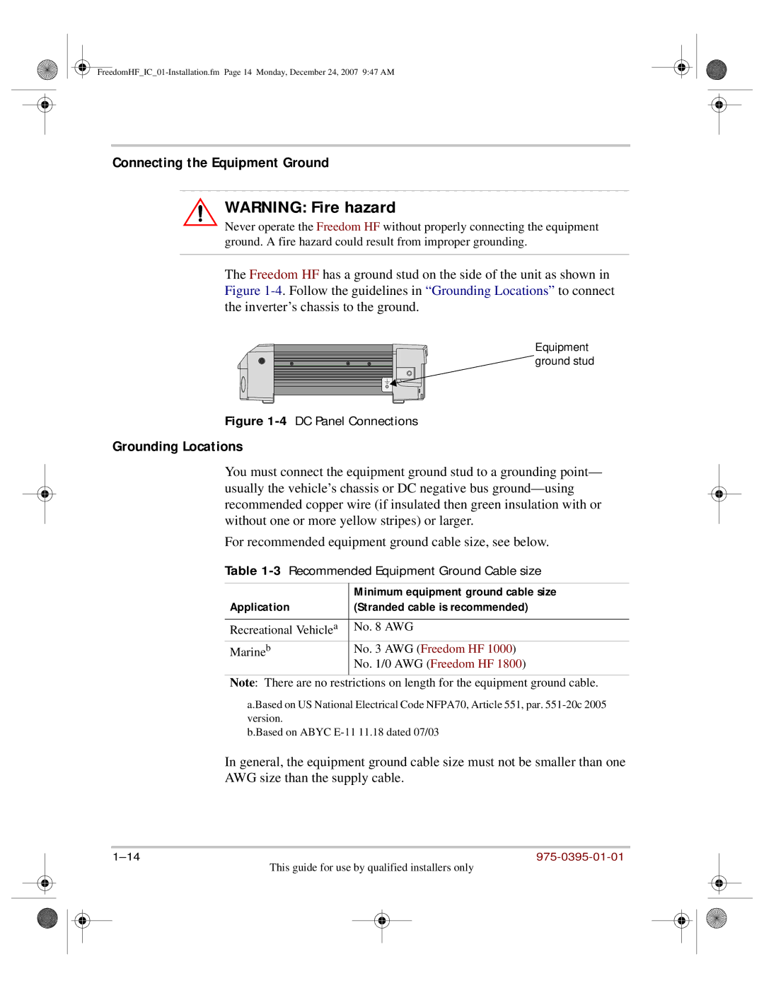 Xantrex Technology 1000, 1800 manual Connecting the Equipment Ground 