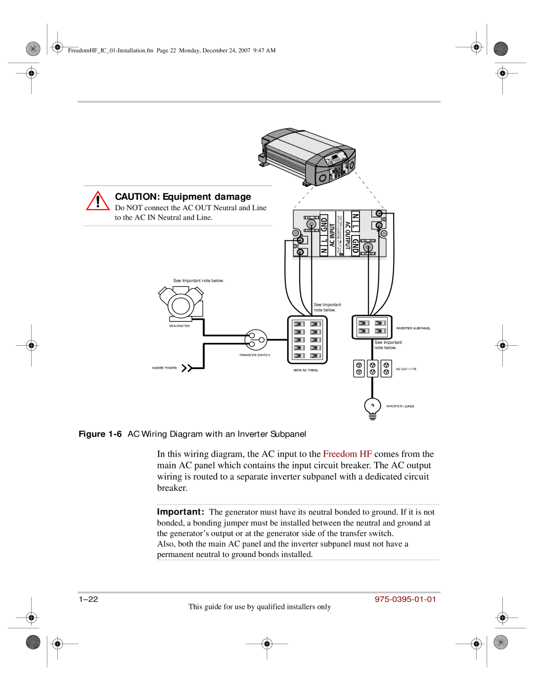 Xantrex Technology 1000, 1800 manual 6AC Wiring Diagram with an Inverter Subpanel 